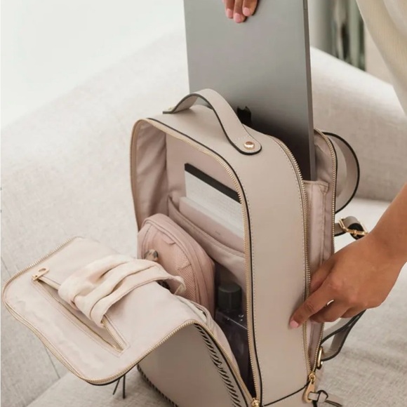 Calpak Cream Backpack/15” Laptop with Gold Zippers and Textured Finish - Picture 2 of 9